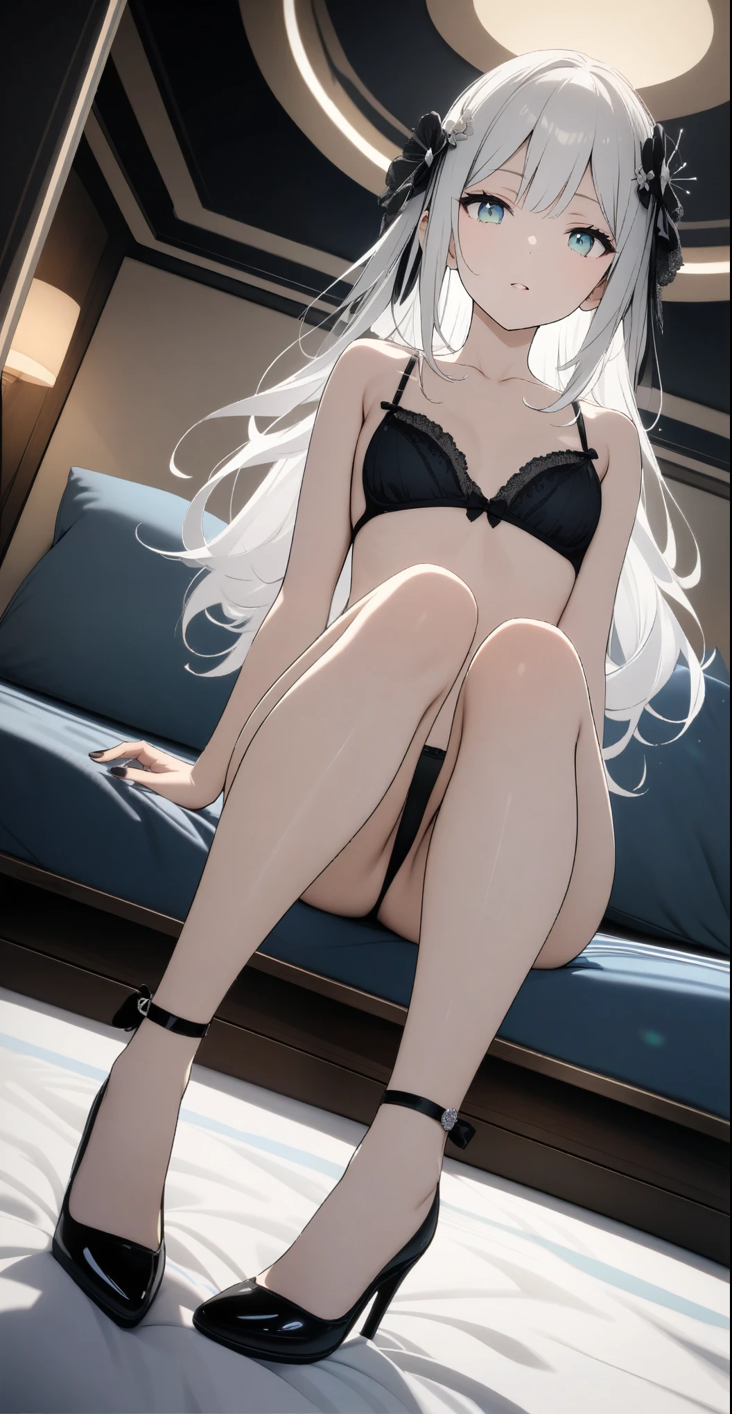 one,((Black bra、Black Thong、hair ornaments、Black nail polish、Black high heels))、(The setting is that she wears thongs)、(White hair color、Silver inner color hairstyle), Beautiful Hair, Facial Contour, Remember, Hotel, moonlight、splash, Lens flare,, Natural Color, High resolution, Very delicate, Very detailed, 8k,、Shyness,((Sexual))、Sitting on the bed、View from high heels、View angle from below