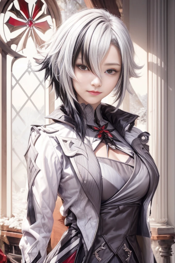 masterpiece, best quality, (realistic,photo-realistic:1.4), (RAW photo:1.2), extremely detailed CG unity 8k wallpaper, delicate and beautiful, amazing, finely detail,official art, absurdres, incredibly absurdres, huge filesize, ultra-detailed, extremely detailed, extremely detailkcaled girl,extremely detailed eyes and face, light on face,little smiles,arlecchino(short hair:1.3),(multicolored hair:1.3)(white hair,black hair),(nature background:1.4),nature,small breast,yuuki asuna,(wearing winter coat:1.5),(red eyes:1.5)