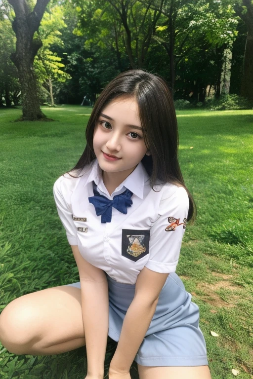 (Ultra-realistic), (figure), (High resolution), (8k), (Very detailed), (Best figure), (Beautiful and detailed), (Highest quality), (Super detailed), (masterpiece), (wallpaper), (Detailed face), alone, One Girl, watching viewer、(High resolution),(High resolution),(High resolution),(8k), One girl, Luna_maya、School_uniform_school logo_on the pocket shirt_white_shirt_light blue grey_skirt_long tie_white_Knee socks、 Fingers form the letter T symbol, in the middle of the forest, Water splash, Lying on the water, Spread your legs, shirts lift, Show off your breasts, Spread your legs, extreme close-up shot, Shot from below,