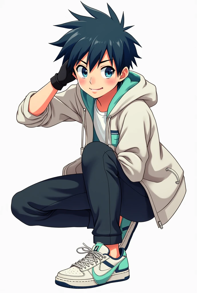 A male teenage manga style character With slightly long black hair that is a bit spiky with the hair slightly shading his face, navy blue eyes, happy, Jaketa White jacket, black pants, white sneakers with green, and with black gloves.