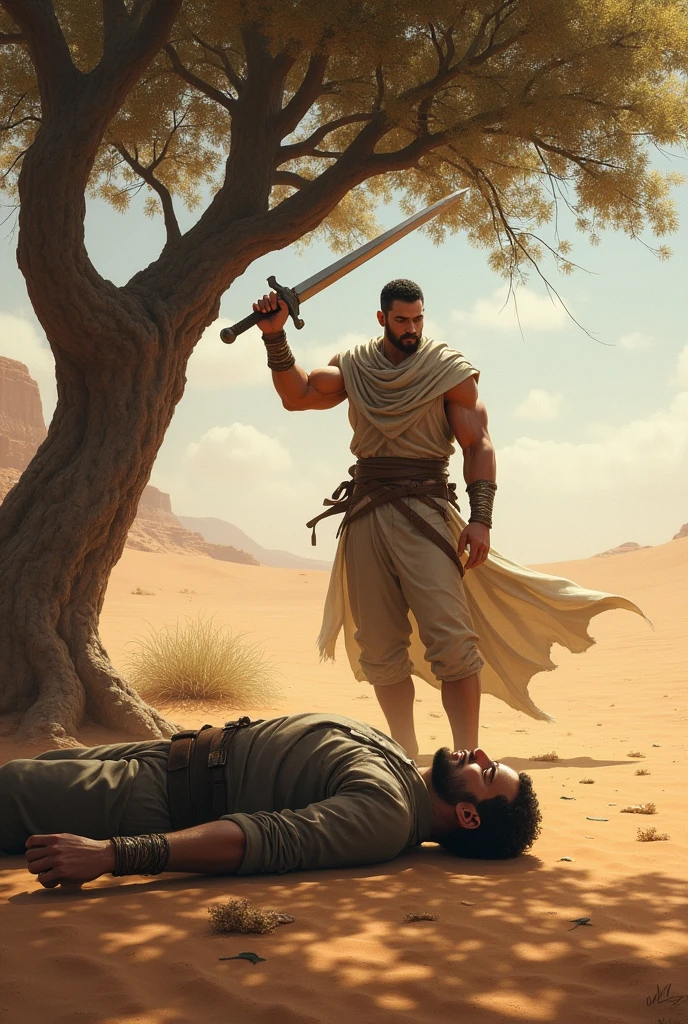 Prehistoric men, Standing with his hands dirty with blood, blood on your face and arms, Another man lying on the ground