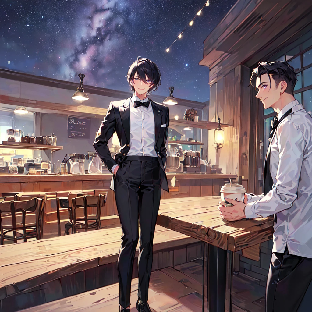 masterpiece,best quality,high quality,(1 male austere handsome solo adult age 30 years old:1.5), purple eyes, cool with suspended eyes, V-shaped eyebrows, body strong and fearless 8.5 head tall, height 185cm, (well-groomed black short hair:1.4), (bangs in three (hair parted in three parts:1.4), slender nose, facial muscles, throat, (coffee cafe costume black tie black pants:1.3), (serving:1.3), (stylish pose), (cool smile:1.3), (background coffee cafe:1.3) , (Milky Way Night Sky:1.3)