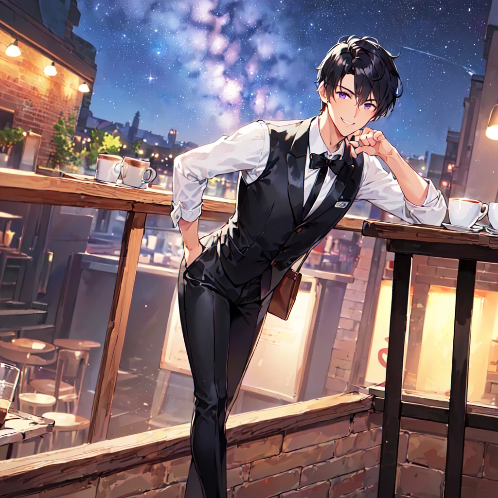 masterpiece,best quality,high quality,(1 male austere handsome solo adult age 30 years old:1.5), purple eyes, cool with suspended eyes, V-shaped eyebrows, body strong and fearless 8.5 head tall, height 185cm, (well-groomed black short hair:1.4), (bangs in three (hair parted in three parts:1.4), slender nose, facial muscles, throat, (coffee cafe costume black tie black pants:1.3), (serving:1.3), (stylish pose), (cool smile:1.3), (background coffee cafe:1.3) , (Milky Way Night Sky:1.3)