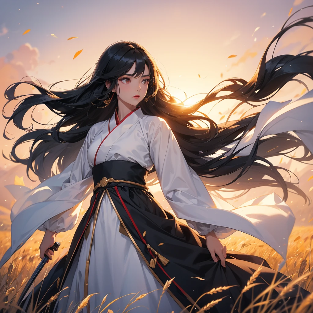 beautiful woman black-haired male general holding a large sword in white hanfu dress, Standing in the middle of wheat field, sunset, close up.