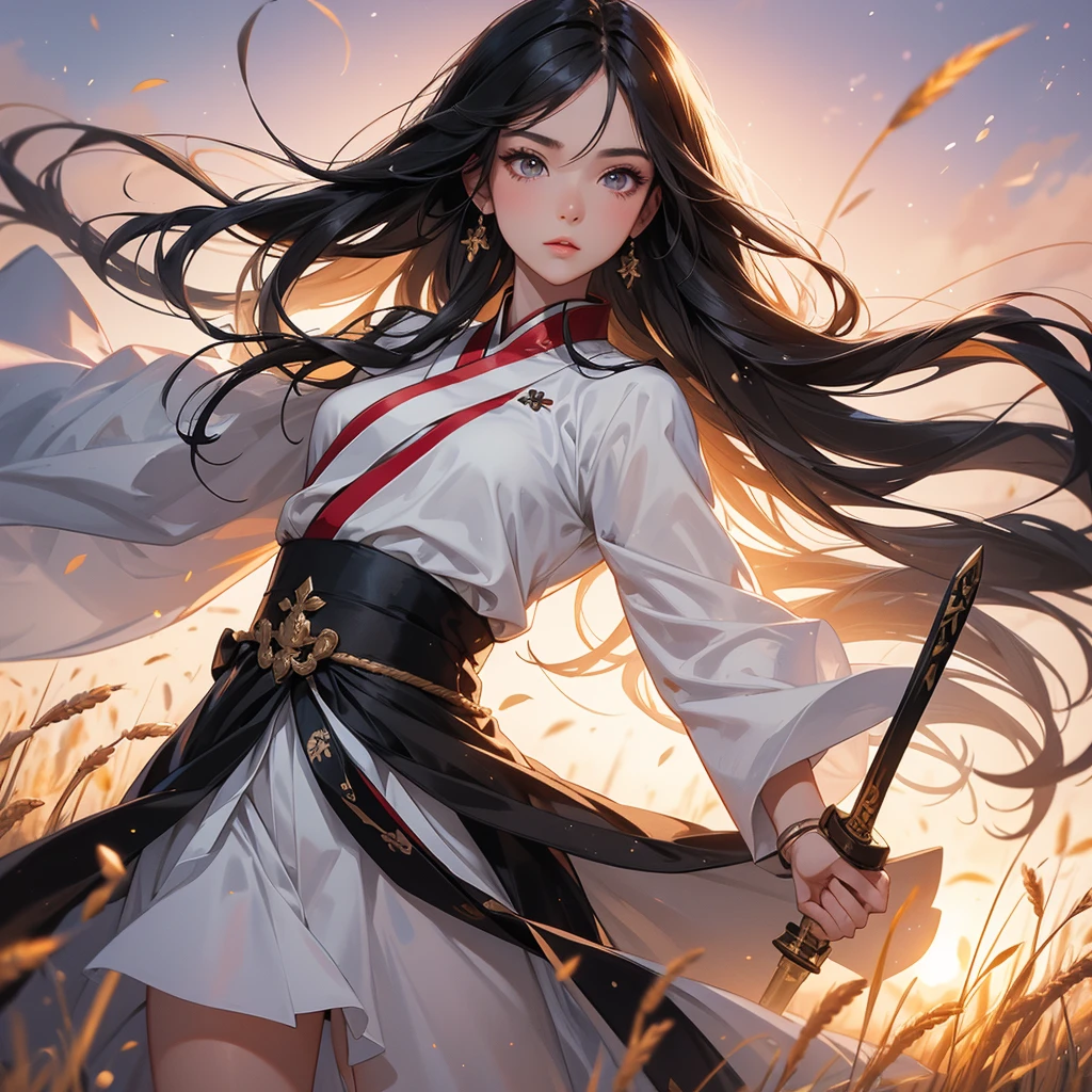 beautiful woman black-haired male general holding a large sword in white hanfu dress, Standing in the middle of wheat field, sunset, close up.