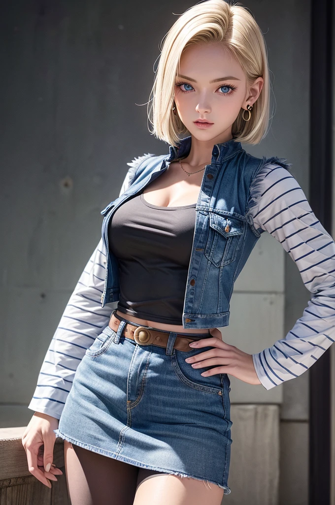 Best Quality, hight resolution, and18, 1girl in, Android 18, Solo, Blonde hair, Blue eyes, Short hair, earrings, Jewelry, Denim Vest, open vest, Black pantyhose, Black shirt, jean skirt, Striped long sleeves, Blue skirt, medium breasts, Cowboy Shot, Street, (Externally expanded Chest: 1.2)