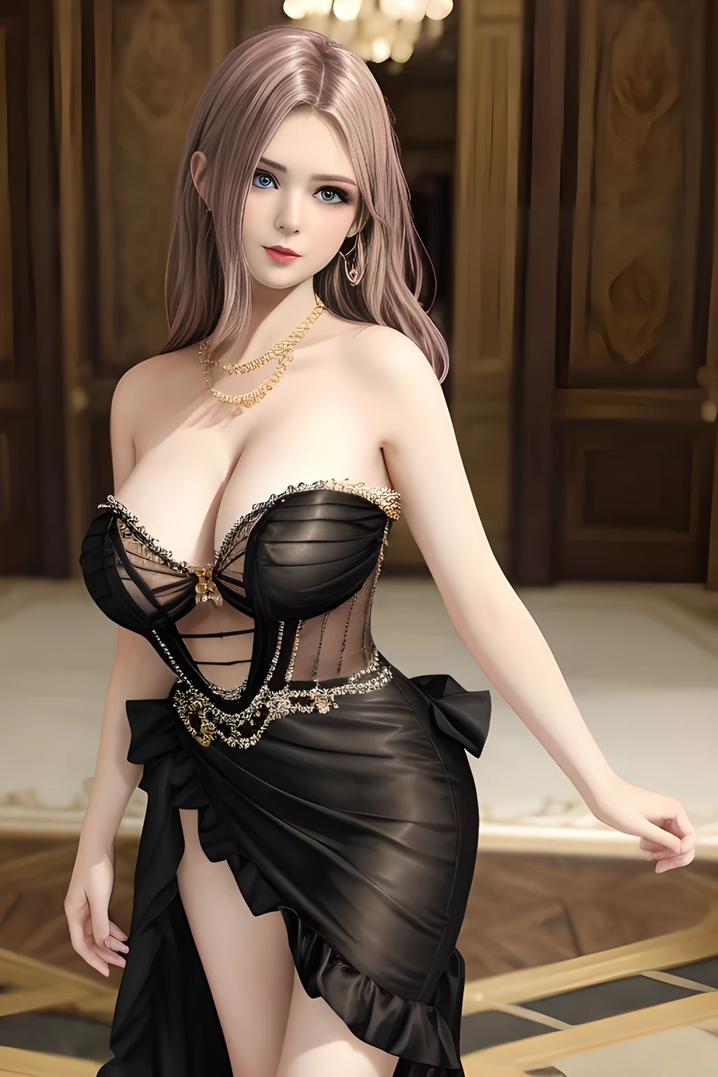 1girl ,flirtatious expression, wearing an elegant black strapless dress. The perspective-dress is beautifully designed with ruching on the bodice and a cascading ruffled asymmetrical hem, adding a playful and chic touch to the outfit. The person is standing upright, with one hand gently touching their leg and the other hand relaxed by their side. The background is plain and neutral, drawing attention to the dress itself. The lighting is soft, highlighting the details of the dress and creating a fashionable and stylish atmosphere,, huge breasts,mature women, elise
