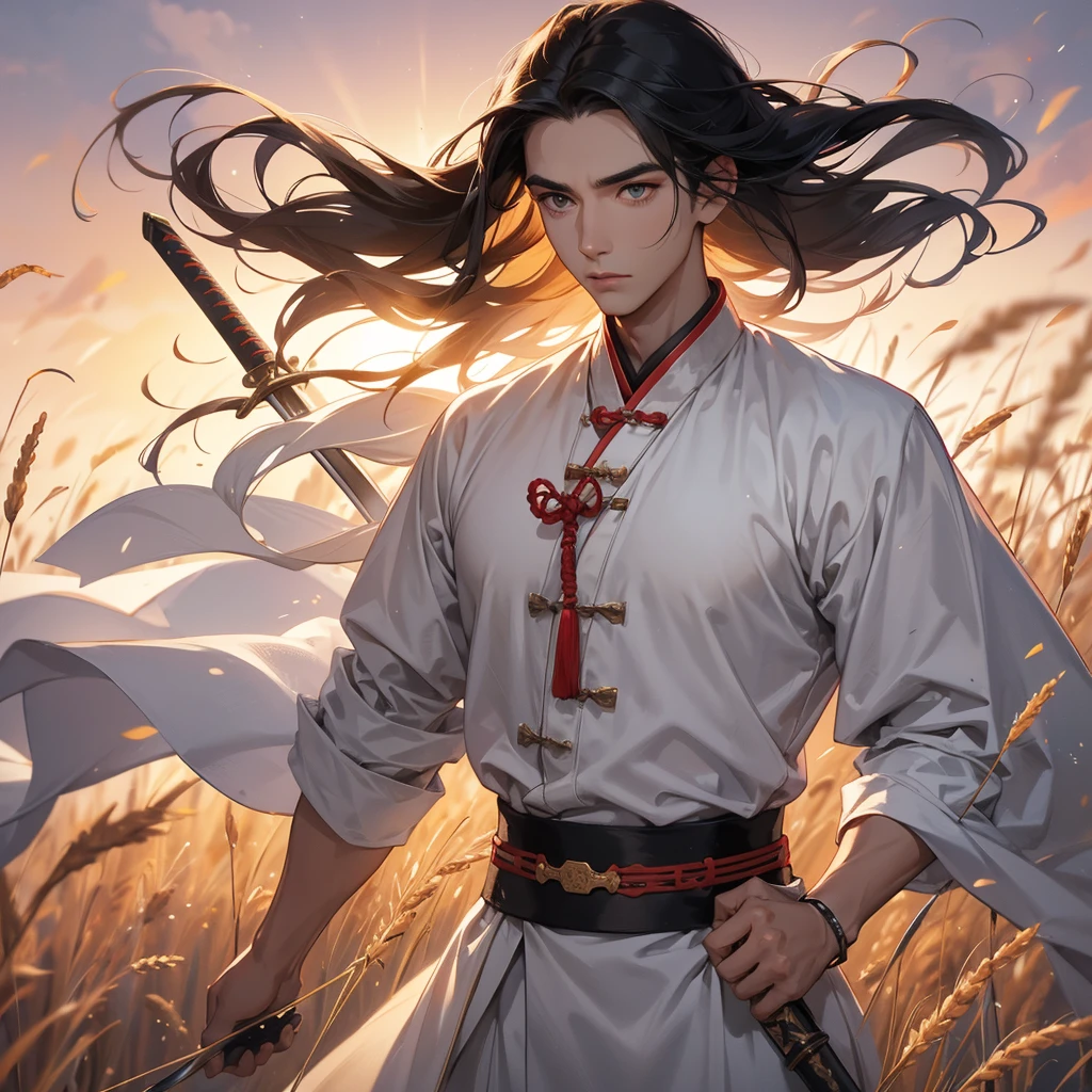 Handsome black-haired male general holding a large sword in white ancient Chinese costume, Standing in the middle of wheat field, sunset, close up.