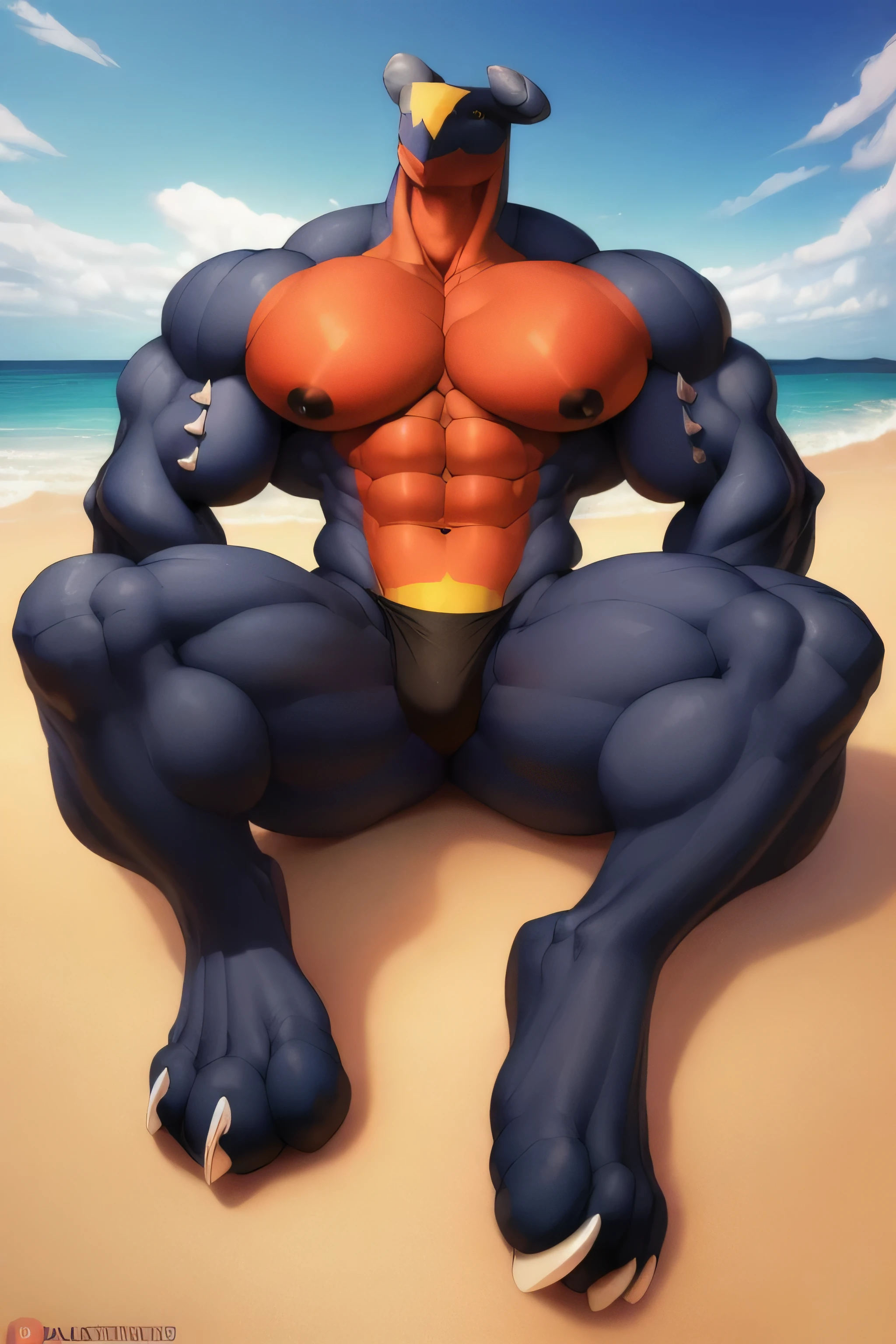 uploaded on e621, , 3d:0.4, (bastika, cutesexyrobutts, hioshiru), (furry, anthro:1.2), male, solo, garchomp,  blue water, frothy white waves, golden sand, (black :1.2), laying on back, spreading legs, toe claws, low angle view, closeup
massive muscles, huge pecs, chiseled abs, huge pectorals, exaggeratedly huge muscles