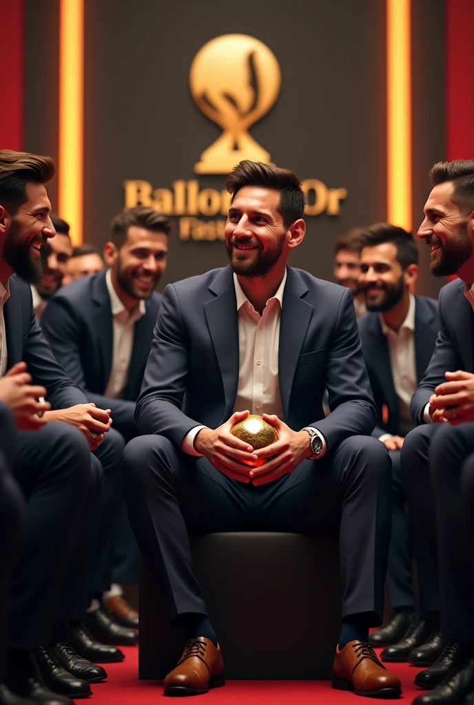 Lional messi seating in a ballon d or giving ceremony with his teammate smiling and talking with them.Hyper realistic