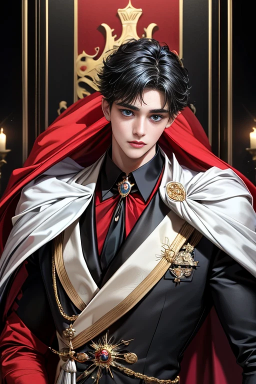 masterpiece, 最high quality, high quality, 1 boy, alone, Male focus, Upper Body,Watching the audience, Messy black hair, Adorable big blue eyes, White, Noble, Noble,A black and red cape that is bursting with sexy volume、Tuxedo、A very voluminous, large, very large, very large, long, long red and black cape with a high stand-up collar, made of a lot of fabric that reaches down to the floor., ,cute beautiful,Cute, cute, kind, handsome guy