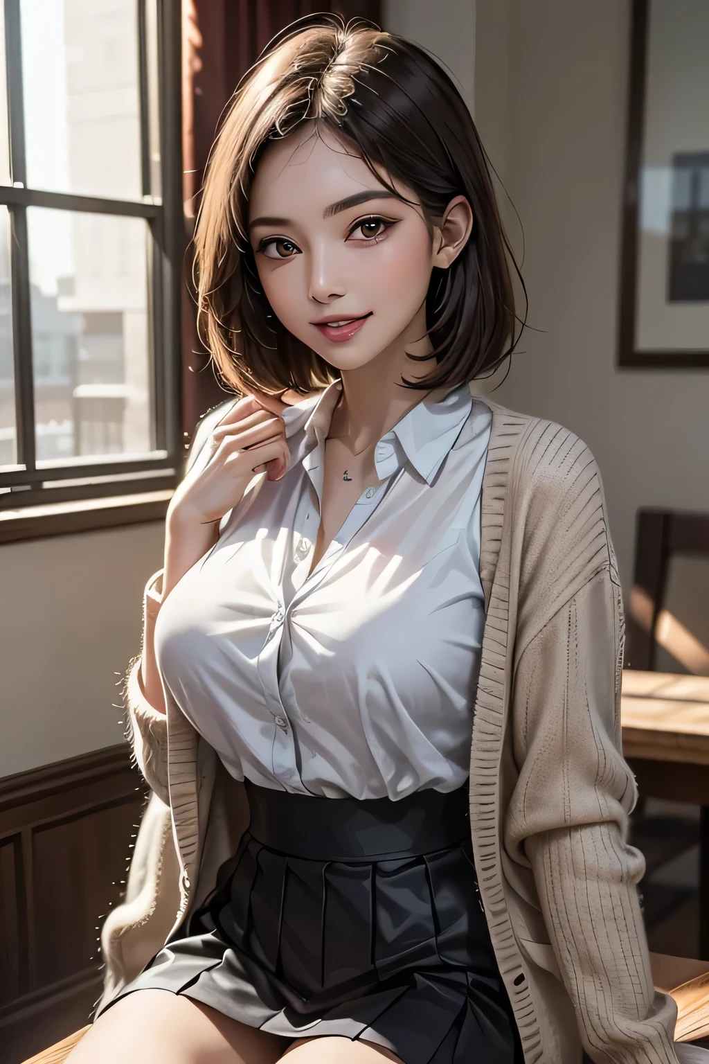 1 female, (Beautiful face with detailed shading), whole body, 40s, (Big Breasts), Brown eyes, (Pink Cardigan), Open cardigan, White camisole blouse, (Yellow pleated skirt), White Knee High, On the bed, (Tabletop)), ((Highest quality)), (Very detailedな), ((Charm)), ((Very detailed)), 4K, (8k), Highest quality, (beautiful), (((World Class Quality))), Very detailed, High resolution