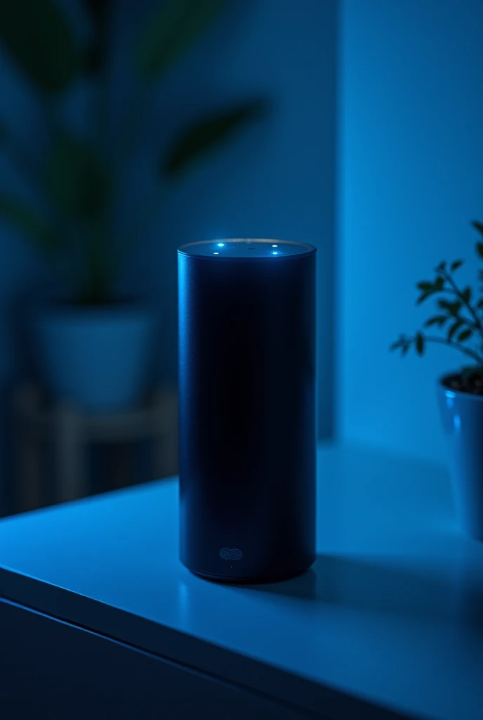 Generate a picture of the ai Amazon Speaker, Alexa. It has to have dark and blue lighting.