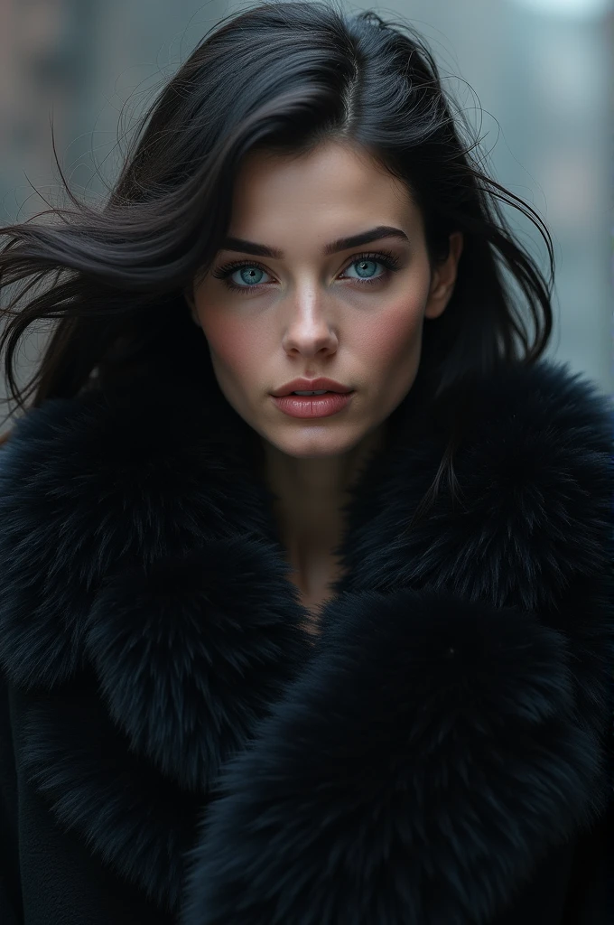 A female with black hair and blue eyes in a furcoat