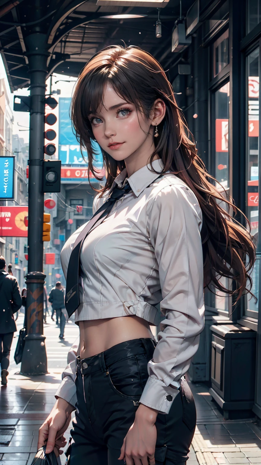 Samdos Arts; Winning half-body portrait of a beautiful woman wearing crop top and cargo pants, Military boots, Standing on the street, a faint smile,  Paint splashes, Tie your hair up, Splash, Overtake, Vaporware,  Digital Art, Trending on Art Station, Very detailed, The finer details, A complex piece by Jeremy Mann, Matthew Merian the Elder, Pino Daeni, Robert Rauschenber, Beksinski