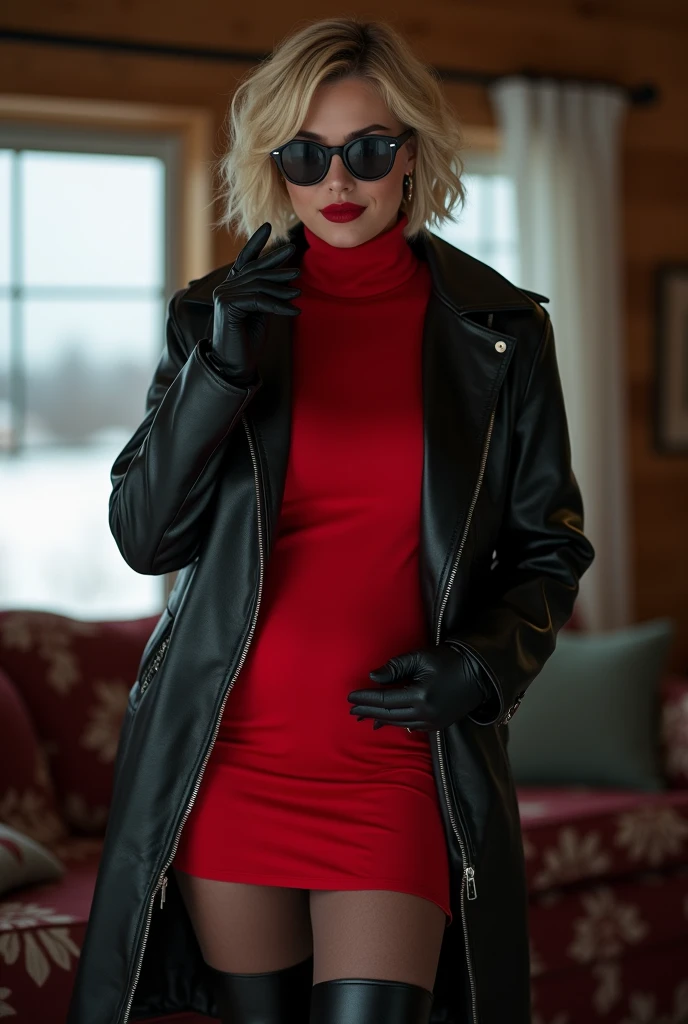 intimate photo. 35 year-old voluptuous Iowa girl next door. kind face. short blonde layered paige style hair. wearing black rayban sunglasses. sharp red painted lips. standing in family room of classic ranch house in Iowa. cloudy day. winter. snowfall. Wearing black leather winter weight coat, partially zipped up. red turtleneck dress with tightened waist. glossy dark pantyhose and black leather thigh high, high heeled boots. Long black tight fitted leather gloves. smoking a cigarette. eye contact. sultry smile.