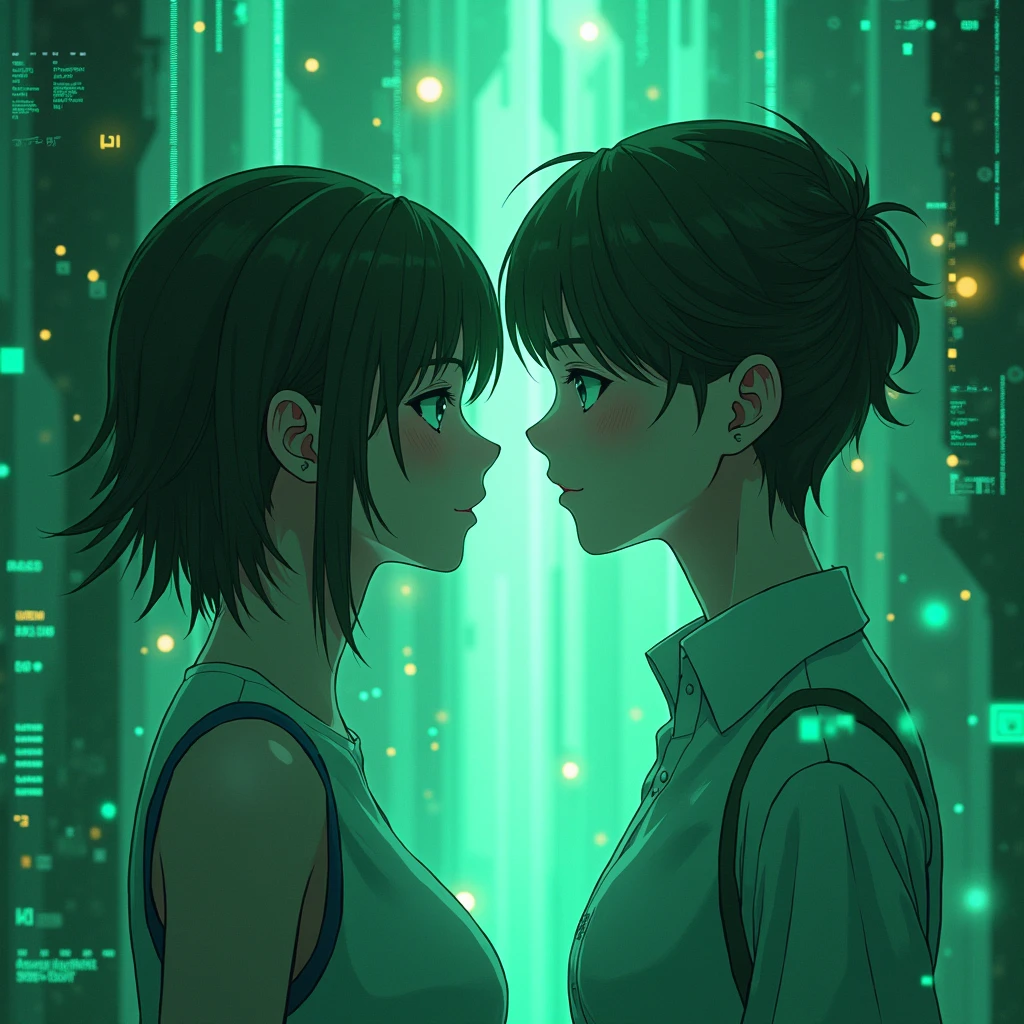 about a picture of internet love, technological anime theme, green