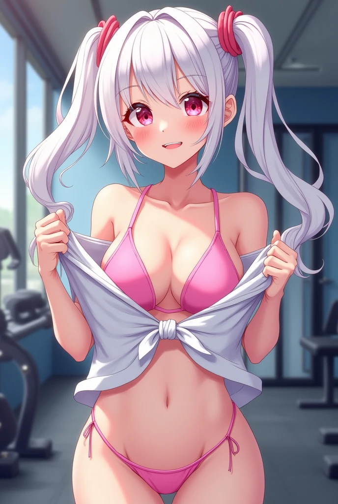 high quality, 8K Ultra HD, Anime style, female, long white twintail, pink eyes, adorable and cute face, smile, white t-shirt, black gym shorts, standing, gym background, lifting shirt with left hand, showing chest, pink bikini, right hand on hips, smooth and creamy white skin, voluptuous body, sweaty body, flushed face, front POV