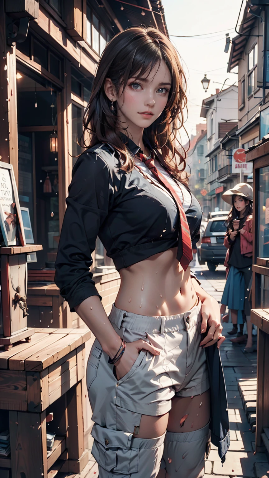 Samdos Arts; Winning half-body portrait of a beautiful woman wearing crop top and cargo pants, Military boots, Standing on the street, a faint smile,  Paint splashes, Tie your hair up, Splash, Overtake, Vaporware,  Digital Art, Trending on Art Station, Very detailed, The finer details, A complex piece by Jeremy Mann, Matthew Merian the Elder, Pino Daeni, Robert Rauschenber, Beksinski