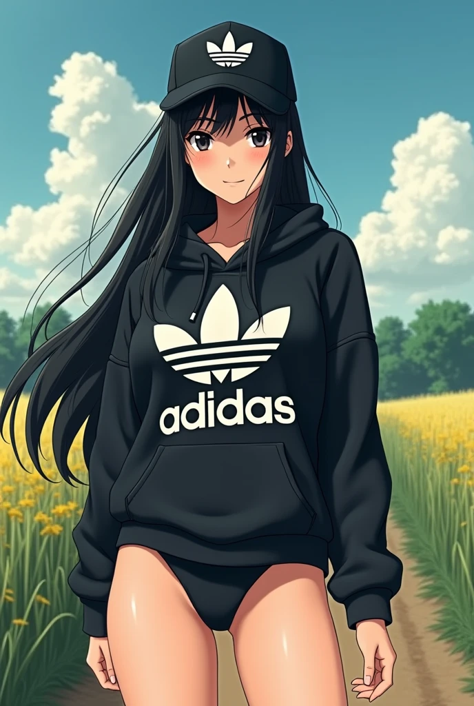 sexy anime girl, long black hair, black eyes, barefoot, wear black adidas cap, wear black adidas hood, wear black adidas hot pants, background is farm