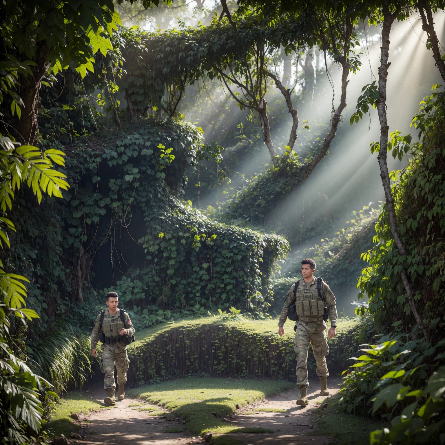 a man in army suit walking through jungle, highly detailed, photorealistic, 8k, 4k, best quality, ultra-detailed, extremely detailed, intricate details, realistic textures, dynamic lighting, atmospheric lighting, dramatic lighting, moody lighting, lush foliage, dense vegetation, overgrown plants, mossy rocks, rugged terrain, humid atmosphere, sun rays, volumetric lighting, cinematic composition, dramatic pose, serious expression, tactical gear, military backpack, combat boots, camouflage pattern