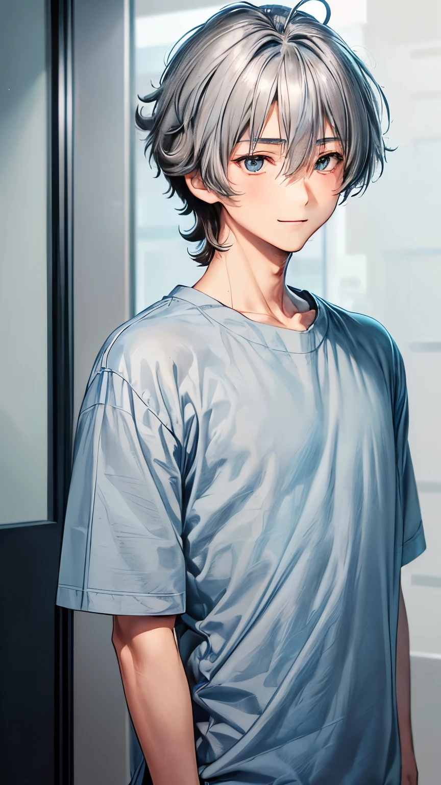 A Japanese innocent and depressed boy (( boy’s body, slender)), bluish gray extra very short hair(( voluminous hair ))(( much shaggy forelock:1.3)),((taper cut )), short sleeves shirts((gray, blue, cyan )) , sparkly blue big round droopy eyes, blush and passionate smile, tidy and easygoing atmosphere, neatly posing, (( face focus)),best quality