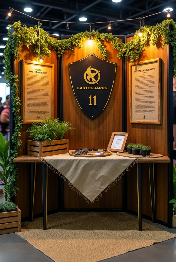 For the booth design, envision a setup that embodies the essence of Earthguards, inspired by Hunger Games' District 11. The backdrop would be constructed from wooden or recycled panels stained in rich, earthy browns with subtle black accents. The panels would be adorned with hanging plants, vines, and natural greenery, giving the booth a lush, orchard-like atmosphere. To reflect the agricultural theme, rustic wooden frames with golden trimmings could be used to display information about sustainable farming and District 11’s role in food production.
Incorporating the warrior element from Hunger Games, the booth’s side panels could have dark metallic embellishments that resemble shields or armor, subtly invoking the feeling of strength and resilience. The table, central to the booth, would be covered with a burlap or linen cloth in earthy tones like olive green or beige, with a touch of gold trimming along the edges for an elegant finish. Displaying natural elements like small wooden crates filled with crops or potted plants would symbolize the orchards and agriculture. To further engage attendees, a small interactive station where visitors could plant their own seeds would add a dynamic touch.
Warm, ambient lighting—possibly from string lights with a golden hue—would enhance the cozy, earthy feel of the space. The overall vibe would be natural and organic, but with subtle gold accents and black touches to maintain a strong, warrior-like aesthetic. Bold, black signage with gold outlines would proudly display "Earthguards," and a small District 11 emblem could be integrated into the design. The combination of these earthy tones with warrior-like elements would create a visually striking booth that feels both grounded and powerful.