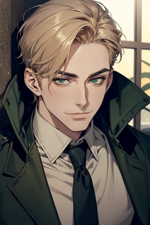 masterpiece, best quality, realistic, 1man, mature male, quiet and charming young man, 1, smirk and look on the side, closed mouth, portrait, extremely detailed face, smirk, (dark green eyes), (short-side-swept sandy blonde hair)), [thick eyebrows], (detective clothing)