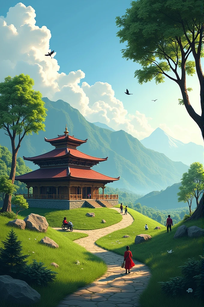 Image concentrated to single house which has a green background with two three trees and people moving and blue sky with birds and sun little glimpse and that single house must be of old Nepalese house design
