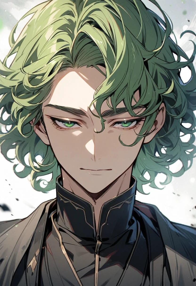 male, solo, handsome, curly hair, short hair, green hair, green eyes, main face, half eyes