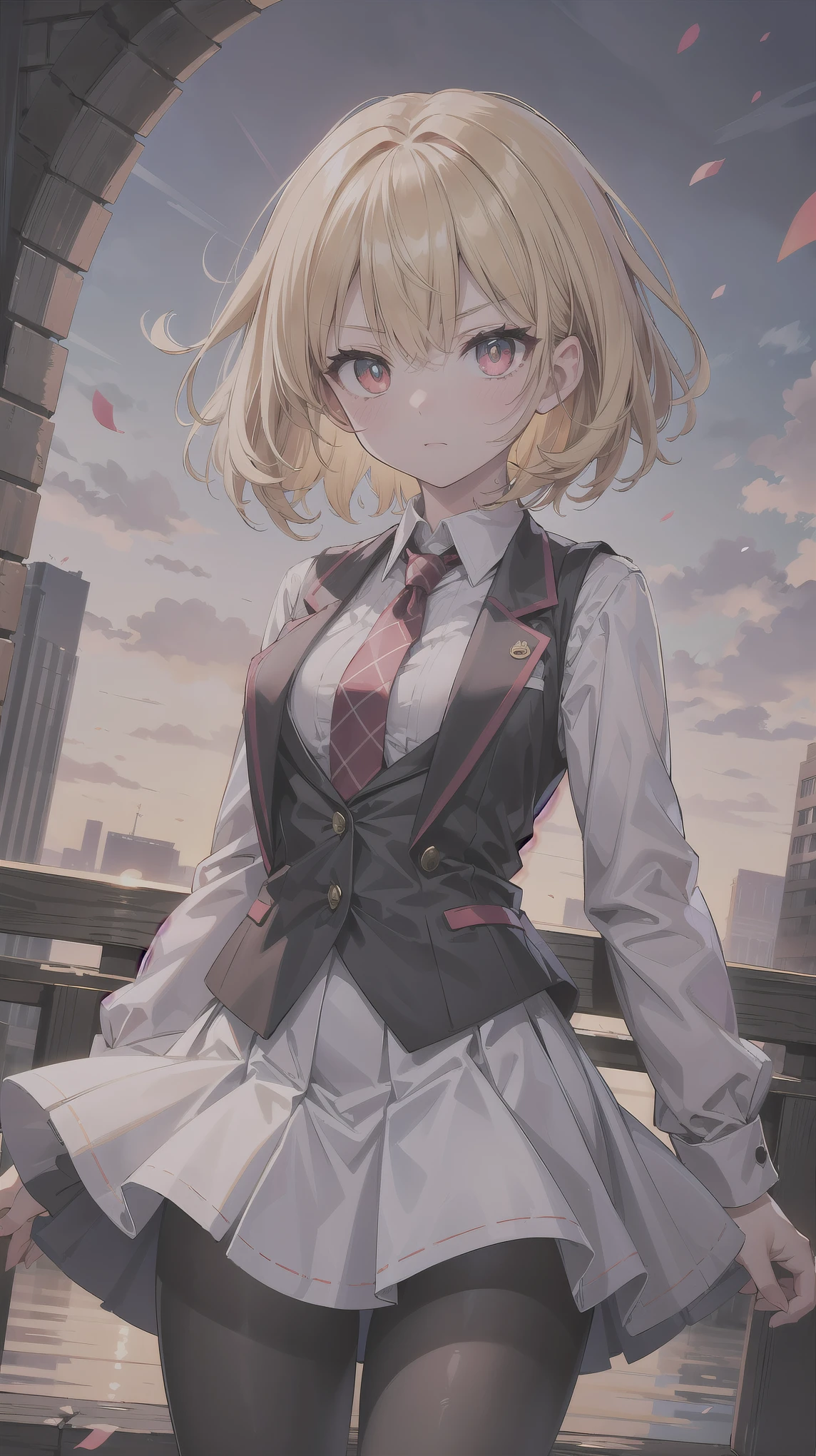 （（super high quality,Ultra-high resolution,16K,super masterpiece,Ultra HD ,Detailed shading,））One Woman,Shiny, light emerald-colored short hair with wavy, wind-blown hair,White dress shirt,Long sleeve,Yellow ruffled tie,（Unbuttoned red checked vest,A red checkered very long skirt blown up by the wind,）Black tights,Ruby glowing eyes,Vertical pupil,Very aggressive look,Sharp Eyes,I&#39;m worried,Embarrassing,blush,Looking at this,（（Holding a large frilly pink parasol to the side,））Leaning forward greatly,Holding a skirt with one's hand,a blue sky with clouds and sun,Sunflower field,