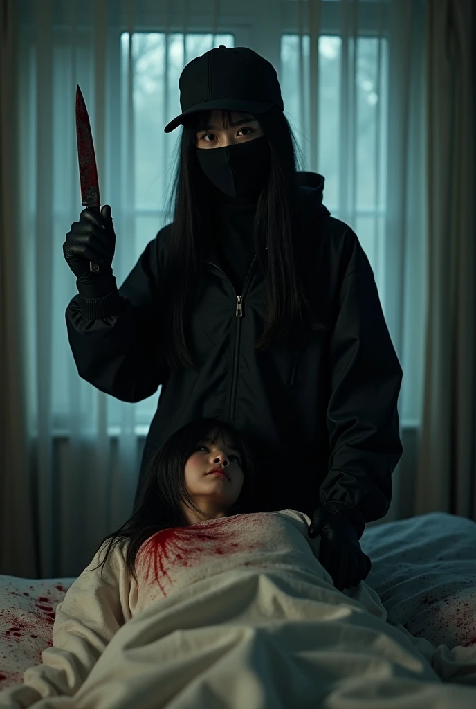 korean girl, (behind stiff, holding knife), stabbing, black balaclava mask, black gloves, girl's room, black raincoat, trucker hat, bloody knife, black gloves, woman on top, behind cadaver, blood splatter, on the bed, girl only, looking at viewer, mass murderer, killer, blood splatter, dark atmosphere, cinematic lighting, atmospheric realistic, light from the window,