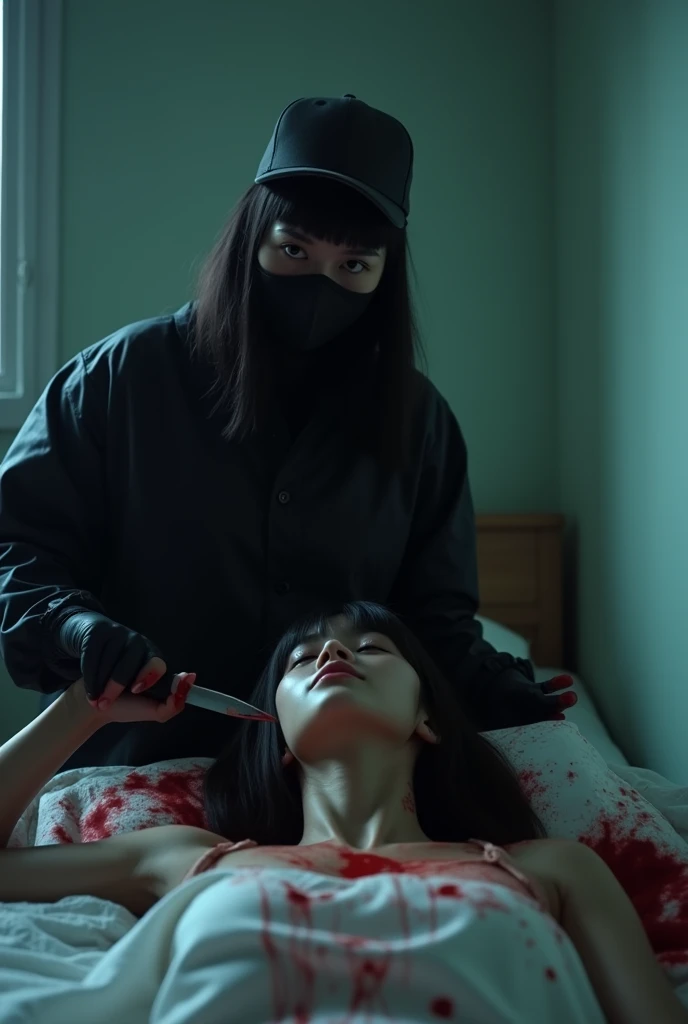 korean girl, (behind stiff, holding knife), stabbing, black balaclava mask, black gloves, girl's room, black raincoat, trucker hat, bloody knife, black gloves, woman on top, behind cadaver, blood splatter, on the bed, girl only, looking at viewer, mass murderer, killer, blood splatter, dark atmosphere, cinematic lighting, atmospheric realistic, light from the window,
