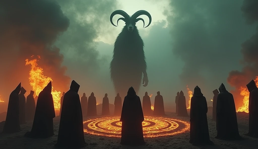 An apocalyptic scenario, satanic ritual around a magic circle, witches burning in the background and some wizards around the circle, full hd, 16:9, place the silhouette of a monstrous and giant goat in the background of the image behind the wizards