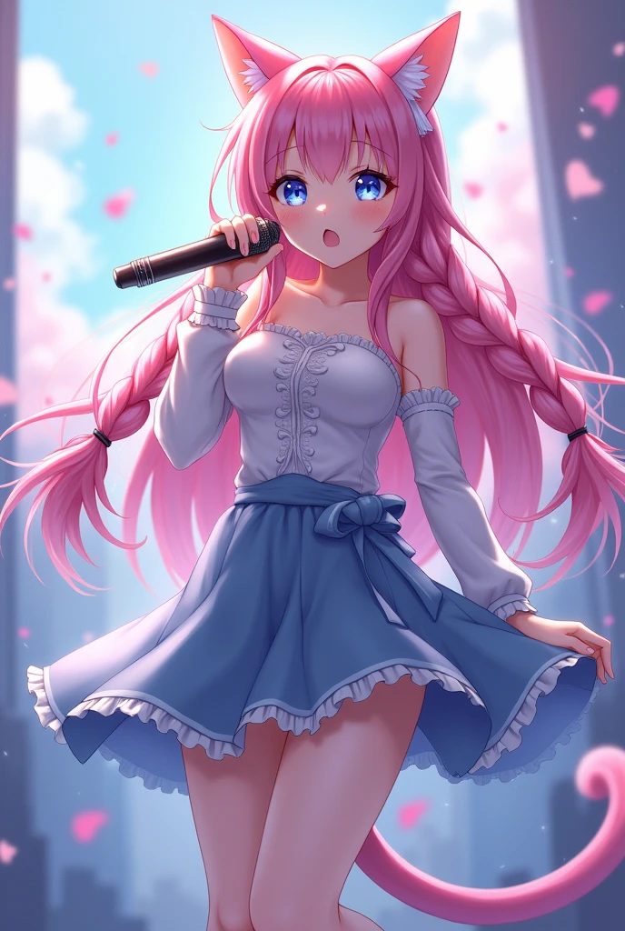 A magical girl with anime aesthetics who is an idol with long colored hair in two braids with straight bangs and cat ears and tail., blue eyes, wearing a short skirt and with a microphone in her hand singing