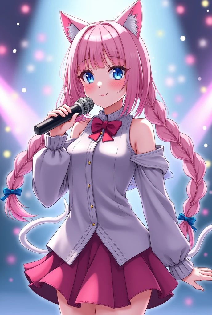 A magical girl with anime aesthetics who is an idol with long colored hair in two braids with straight bangs and cat ears and tail., blue eyes, wearing a short skirt and with a microphone in her hand singing