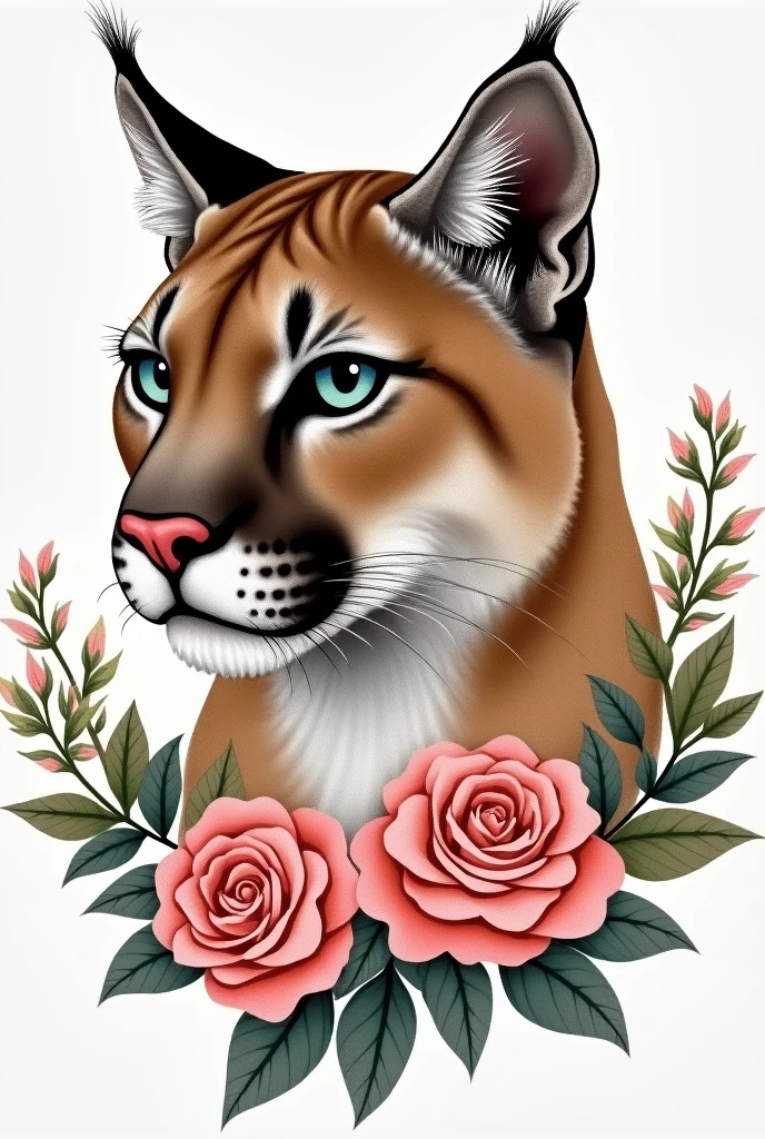 r the head of a puma with some roses (few) surrounding it from below and making it easy to send to embroider, smaller and simpler without so much detail, that the roses are on her neck