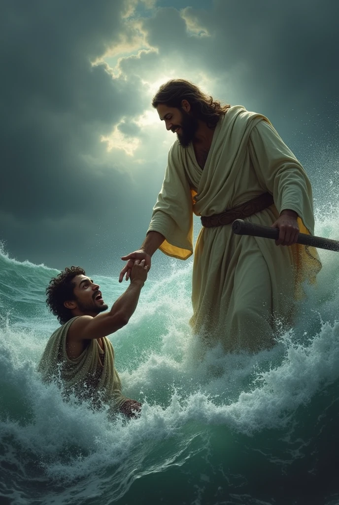 Jesus helping someone poor guy from flood in the water with his hand and make it emotional 
