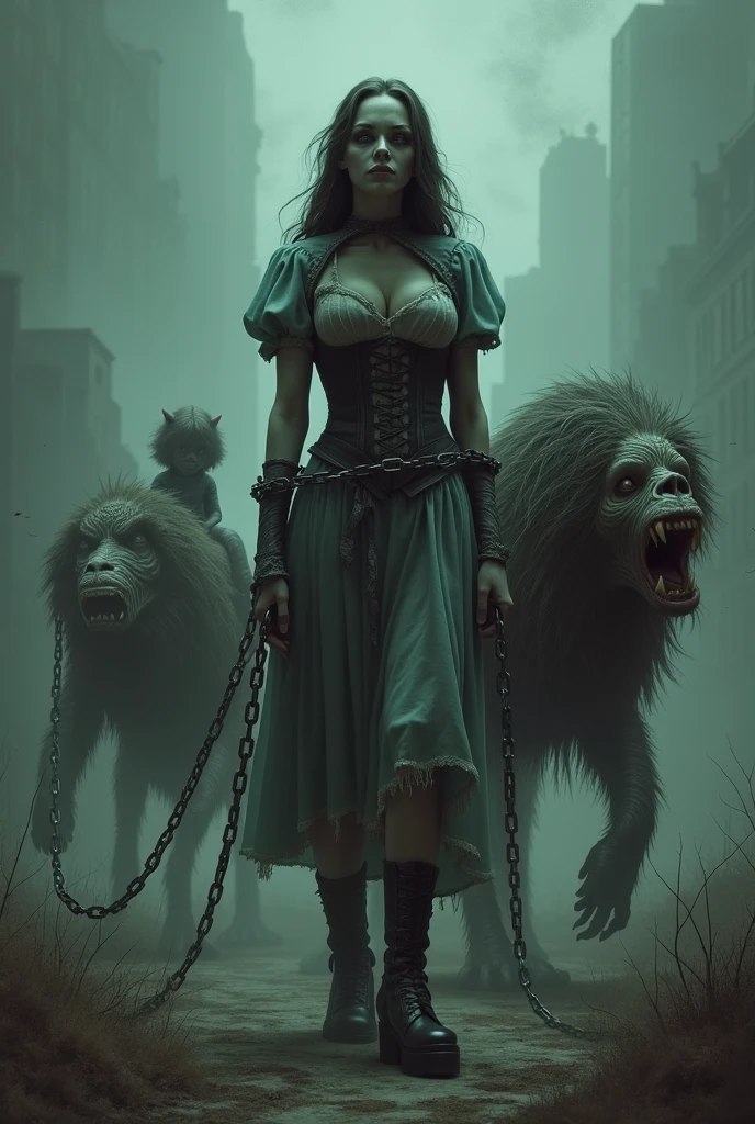 Create a dark and twisted horror illustration that captures a nightmarish scene inspired by 'The Wizard of Oz.' In the foreground, depict a grotesque version of Dorothy, her appearance altered to be more monstrous and tragic. She should be bound and restrained, her face hidden by a mask, with a distressed posture as she is pulled forward by chains. Dorothy's attire is tattered and worn, a mix of Victorian-style clothing with a dark, gothic twist, complete with a corset and flowing, torn skirt. She wears heavy, metallic platform boots that add to her burdened stance. Her captors are two malformed, humanoid creatures, one riding on the back of the other. The rider is small, with exaggerated features like sharp teeth, bulging eyes, and a maniacal expression. The mount is a larger, more bestial figure, crawling on all fours, with a rough, lumpy texture to its skin and twisted limbs. The background is a foggy, desolate landscape, with ominous shadows and eerie, dim lighting that enhances the horror atmosphere. The entire scene should feel otherworldly and unsettling, with a focus on the macabre and grotesque elements.