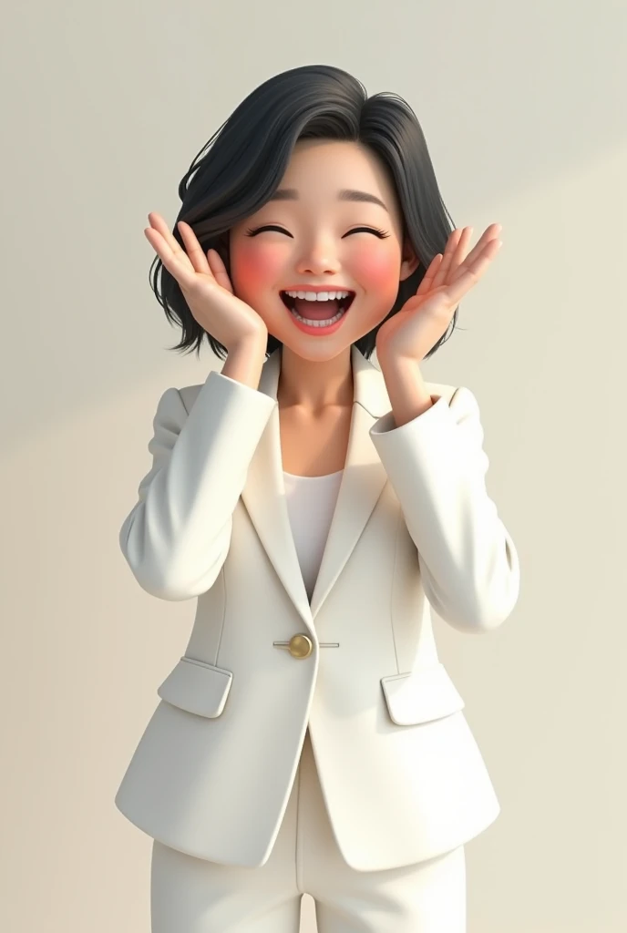 A middle-aged Korean woman in a white suit cheering happily with both hands over her mouth, 2.5D