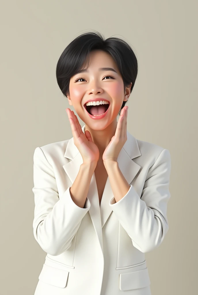 A middle-aged Korean woman in a white suit cheering happily with both hands over her mouth, 2.5D