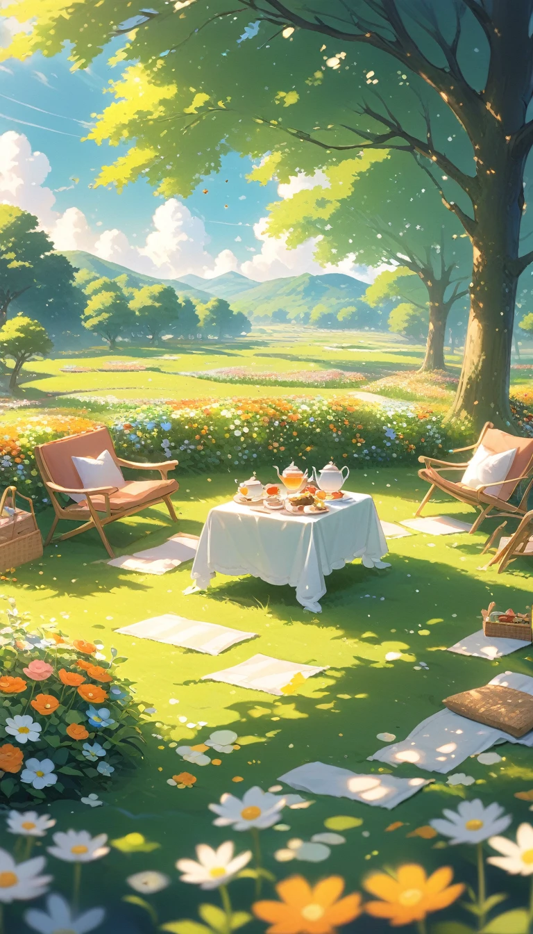 ultrawide landscape Afternoon Tea, Flower garden Cozy,Orange Pink ,picnic , There are no human characters.