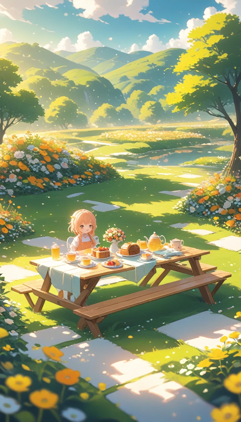 ultrawide landscape Afternoon Tea, Flower garden Cozy,Orange Pink ,picnic , There are no human characters.