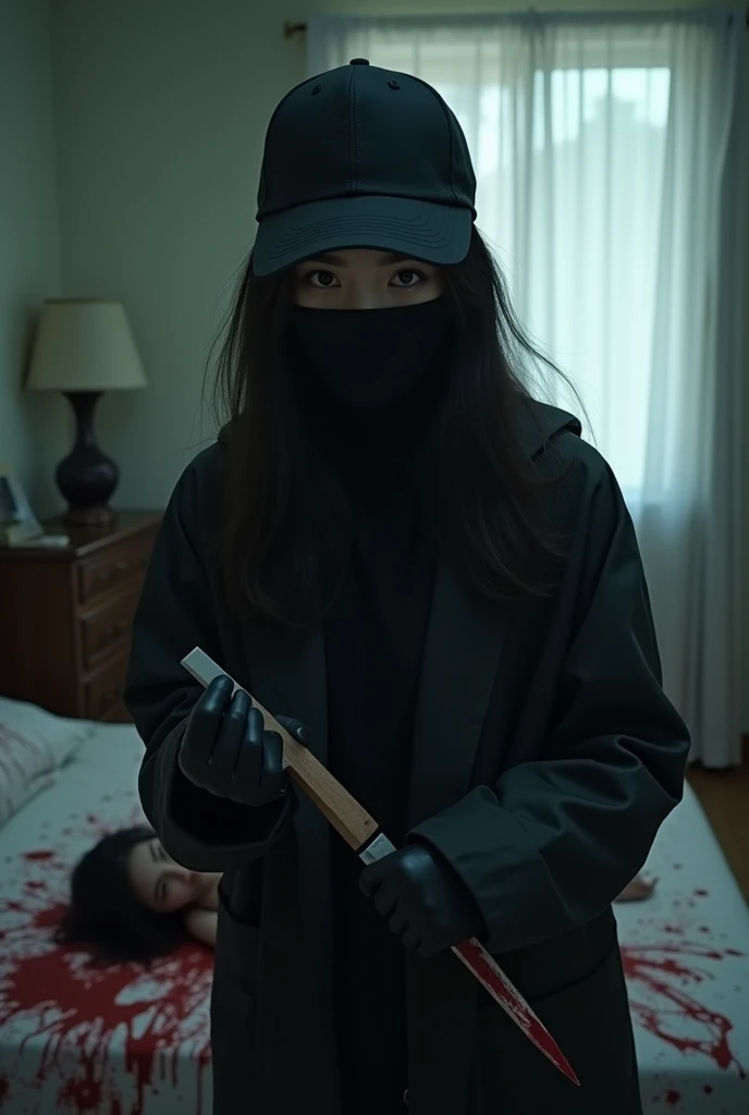 korean girl, (behind stiff, holding knife), stabbing, black balaclava mask, black gloves, girl's room, black raincoat, trucker hat, bloody knife, black gloves, woman on top, behind cadaver, blood splatter, on the bed, girl only, looking at viewer, mass murderer, killer, blood splatter, dark atmosphere, cinematic lighting, atmospheric realistic, light from the window,
