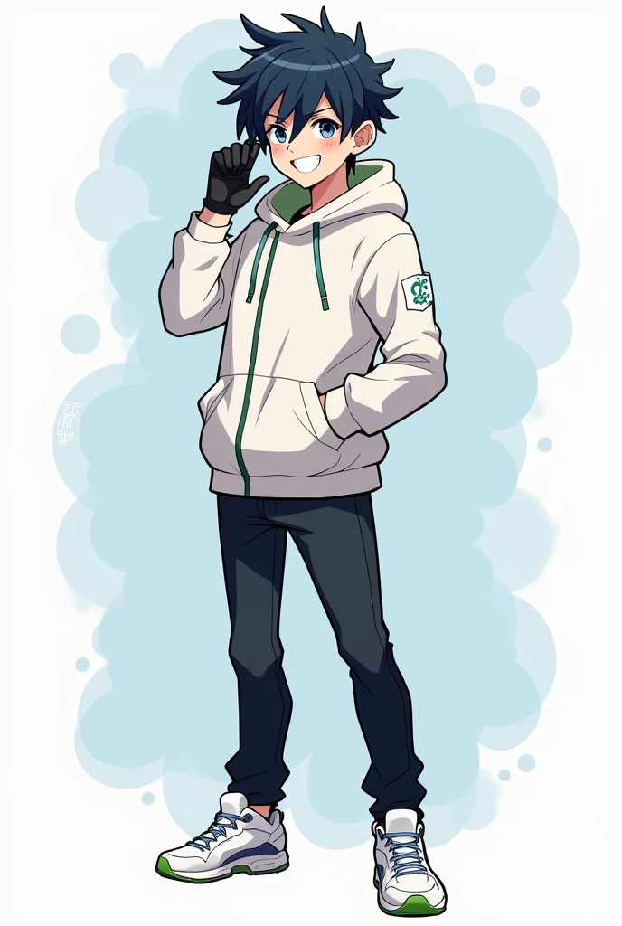 A male teenage anime style character With slightly long black hair that is a little spiky with the hair slightly covering his left eye., navy blue eyes, happy, Jaketa White jacket, black pants, white sneakers with green, and with black gloves.