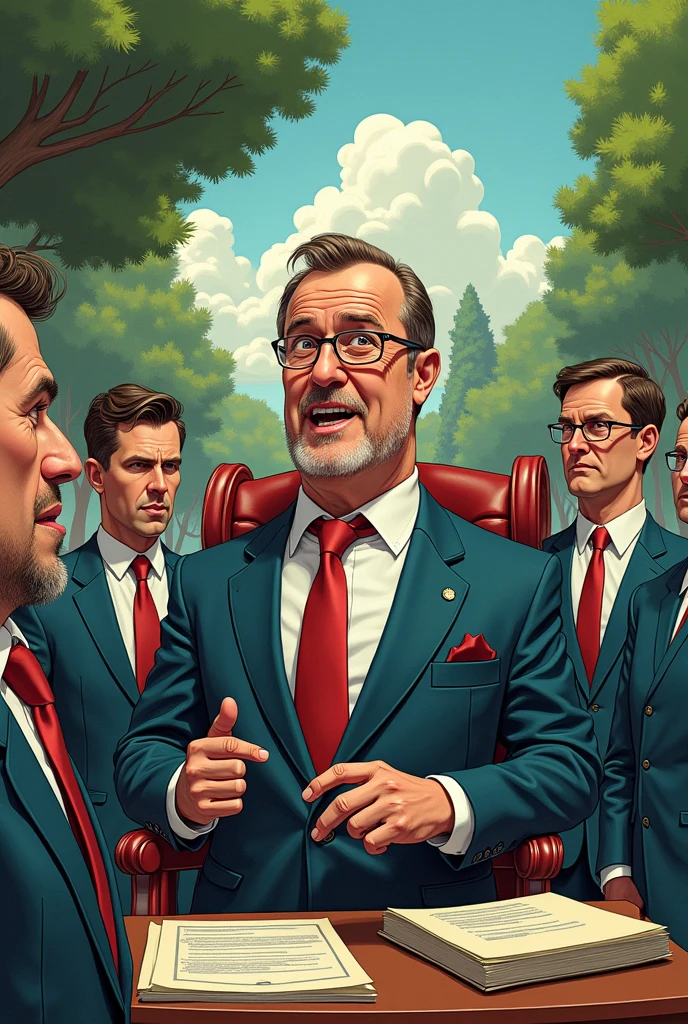 Let's create a cartoon about a historical park in Bulgaria, where the boss has an obsession with grandeur and his subordinates are ready to die for him, regardless of the fact that he manipulates them financially by taking their money, lying to them about how wind green energy will kill the population and nature