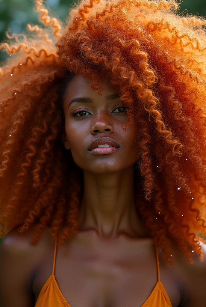 A Black woman with long, voluminous, copper-orange afro curly hair, featuring white and blonde highlights, with small rays incorporated into her hair . i want to see the small rays. show me the hair  with the white rays
