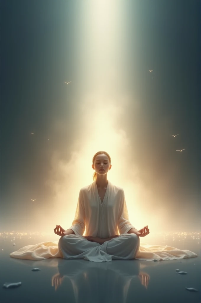 a person sitting in a meditation position, surrounded by a soft light, transmitindo calma e serenidade.