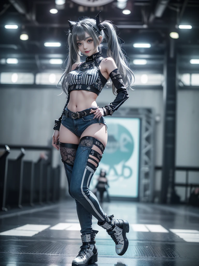 (Full Body View:1.2)、(Side view:1.2)、(Smiling with teeth showing:1.3),(Shibuya Gal:1.5)、(Gothic style fashion:1.5)、(Punk rock visual kei:1.5)、(Wearing a rhythmic gymnastics bodysuit with intricate details:1.4)、(Complex white racing suit and pants, Denim and turquoise decor:1.5)、(Denim and light blue and white boots:1.3)、((belt))、(A number of subtle logos are featured throughout the costume々:1.4)、(collar:1.3)、(Striped underwear:1.5)、20-year-old、Browsing Caution、((Highest quality、In 8K、masterpiece:1.3))、Sharp focus:1.2、(Layered Cut、Huge boobs:1.1),Beautiful woman with perfect figure:1.4、(Dance vigorously:1.3)、Slim Abs:1.2、Highly detailed face and skin texture、Detailed eyes、double eyelid,(Twin tails:1.3)、(Dark silver hair:1.3)、Idol Sculpture、(The background is the stage for a fashion show:1.3)、(The body is slim:1.3),(Slimming your legs:1.4),(clavicle:1.1)、(Thin and slim thighs:1.3)
