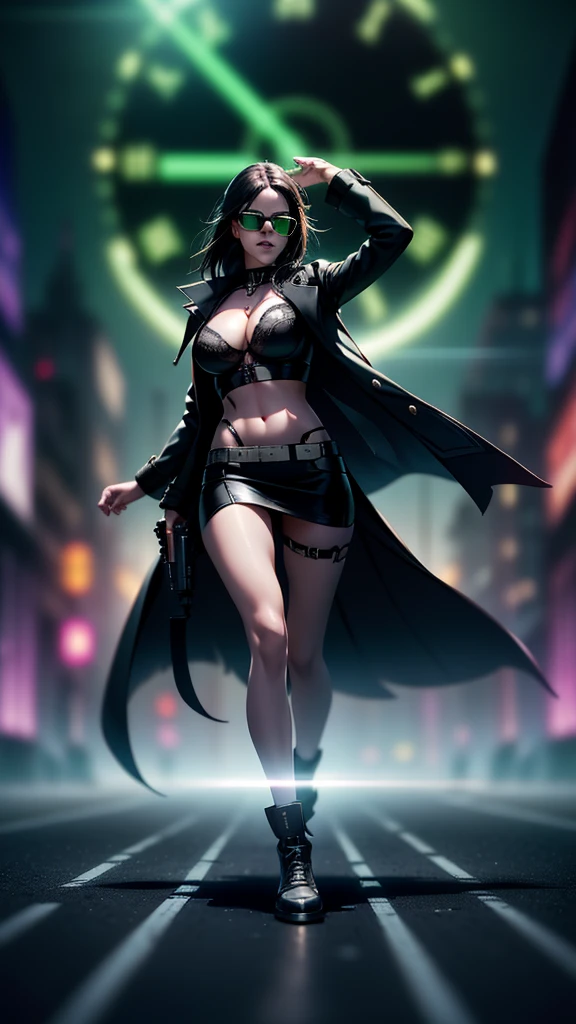 cyberpunk-style city with a nocturnal vibe with Matrix-like aesthetic references, glowing huge clock tower as time machine, green glowing cascading code. At night, (1girl, solo, alone), photorealistic, medium-breast slim:0.6 body, oval:0.5 face, cleavage:1.1, sexy black laced bra, miniskirt, white laced panty, coat, (black micro sunglasses), (aiming with a short gun), (slightly leaning forward running pose), ((half-body thigh level medium shot)), cinematic lighting, ray tracing, radial zoom blurred background.